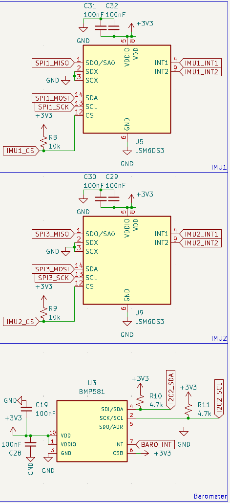 Dual LSM6DS3 IMUs on independent SPI buses plus a BMP581 barometer on I2C2, each with local decoupling.