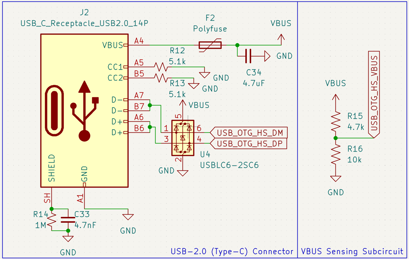 USB 2.0 Type-C connector with CC resistors, USBLC6-2SC6 ESD protection, VBUS polyfuse, and VBUS-sense divider.